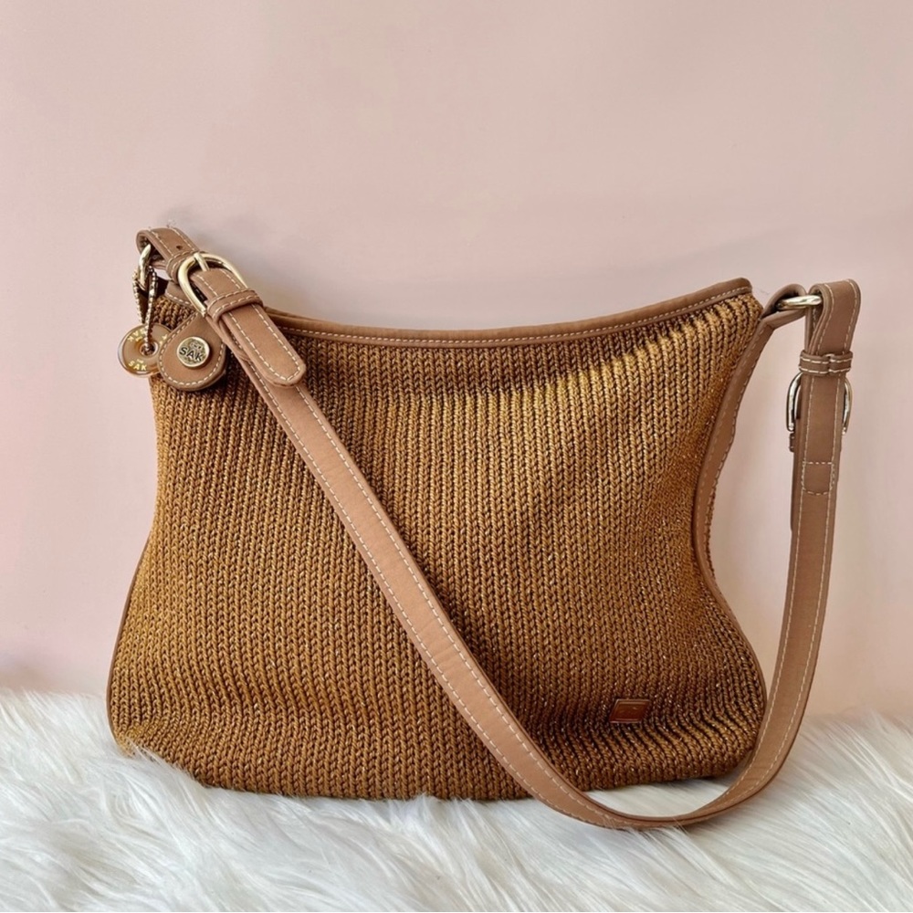 The Sak Camel Tan Crochet Metallic Threaded Knit Shoulder Bag Purse